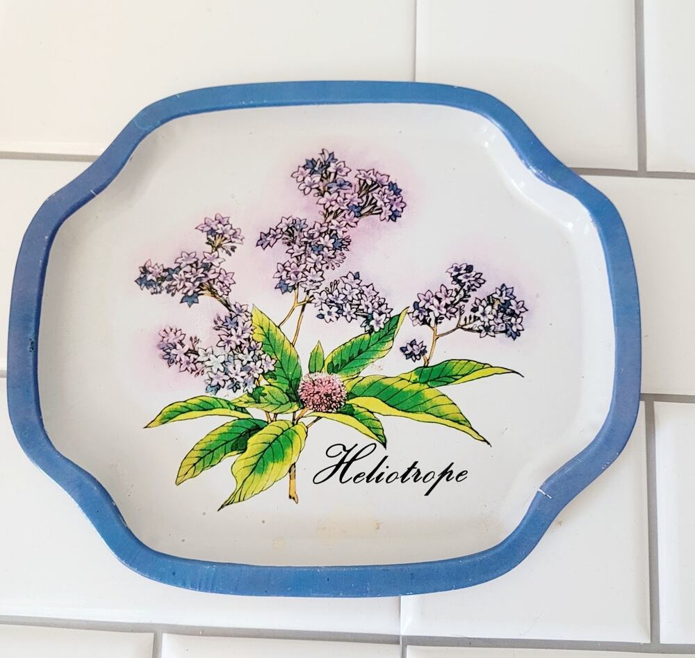 Vintage Enamel Metal Flower Bouquet Serving Jewelry Tip Tray Hong Kong Purple